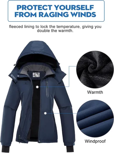 Miniatura 5 de CAMEL CROWN Chaqueta de esquí para mujer, impermeable, cálida, para invierno, con capucha, rompevientos, rompevientos, resistente al viento