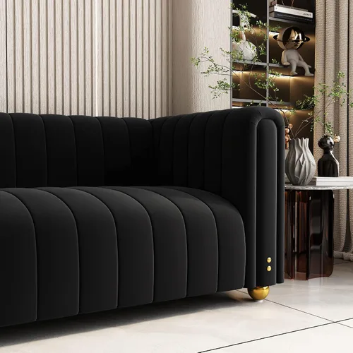 Miniatura 6 de Sofá capitonado Chesterfield de terciopelo tapizado de 81 pulgadas de ancho, 3 plazas, cómodo sofá para sala de estar, dormitorio, oficina, Negro
