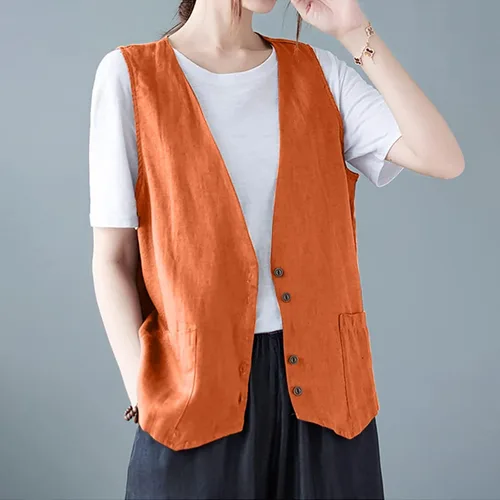 Miniatura 10 de COTECRAM Chaleco de lino de algodón para mujer, casual, sin mangas, con botones, ligero, para verano, holgado, ropa de abrigo