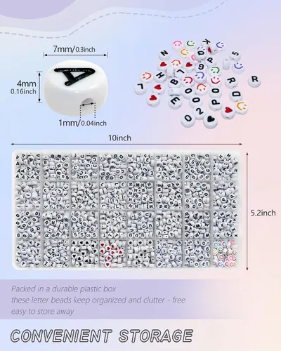 Miniatura 3 de Amaney - 1600 piezas, cuentas de letras acrílicas de 4 x 7 mm, blancas, A-Z, 31 estilos para hacer joyería, pulseras, collares, llaveros Blanco