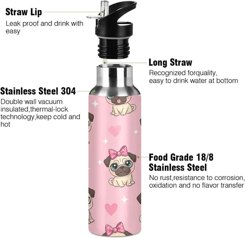 Miniatura 3 de Insulated Water Bottle 32 Oz, Leakproof Water Bottles for Gym Outdoor Travel School, Cute Cartoon Pugs Eyes
