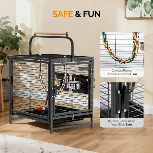 Miniatura 7 de VINGLI Jaula para pájaros pequeños, jaula de viaje de 19 pulgadas con asa, jaula de periquitos de hierro forjado con perca de madera para loros