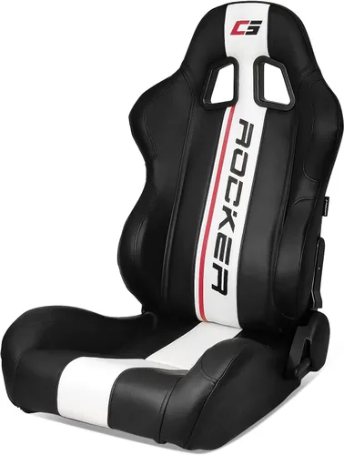 IKON MOTORSPORTS, Asientos universales para vehículos de carreras con deslizadores dobles, de piel sintética negra con rayas blancas, reclinable,