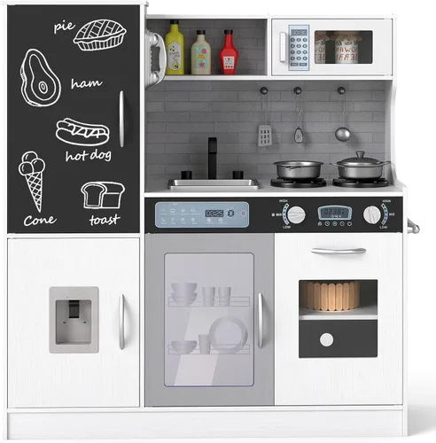 Miniatura 11 de HONEY JOY Juego de cocina para niños de 39 pulgadas, juego de cocina grande de madera con pizarrón, teléfono, utensilios, horno, microondas