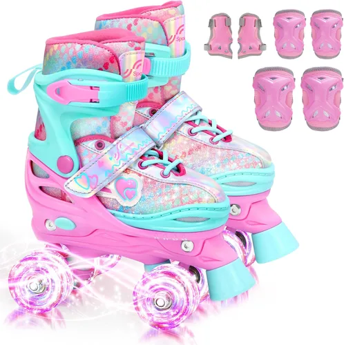 Sportneer Patines para niños: 4 tamaños ajustables patines cuádruples con ruedas iluminadas para niñas de 5-8, 8-12 niños pequeños principiantes,