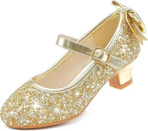 Dufannie Zapatos de vestir para niñas, zapatos de tacón bajo de princesa, zapatos planos con purpurina para bodas y fiestas