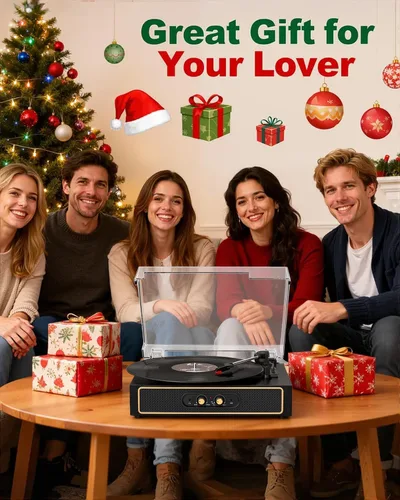 Miniatura 8 de Tocadiscos retro Bluetooth con altavoces integrados, tocadiscos de 3 velocidades por correa, control de graves y agudos, reproductor de vinilo Negro