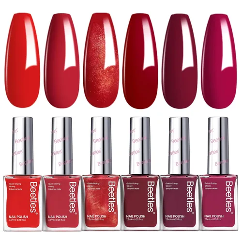 Miniatura 17 de Beetles - Esmalte de uñas rojo: juego de 6 esmaltes de uñas con brillantina, color rojo burdeos brillante, de secado rápido y de larga duración