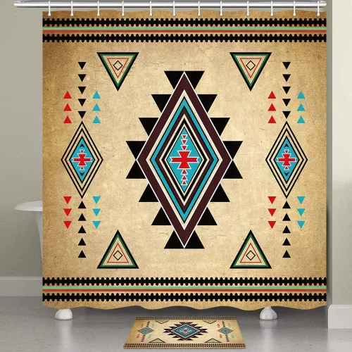 Southwestern - Cortina de ducha y tapete de baño de tela de poliéster con patrón étnico navajo azteca retro nativo americano del suroeste nativo