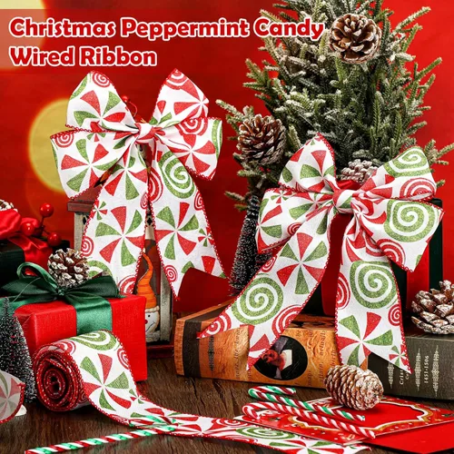 Miniatura 3 de Berlune 4 rollos de cinta de Navidad con borde con alambre de menta de 2.5 pulgadas de ancho, cinta de arpillera para manualidades, corona, árbol