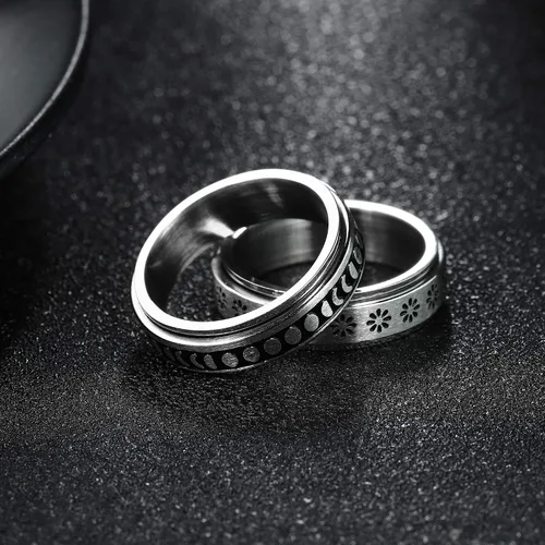 Miniatura 5 de Jstyle Juego de 4 anillos de acero inoxidable para mujeres y hombres, anillos giratorios de flores, luna, estrella, anillos frescos para aliviar