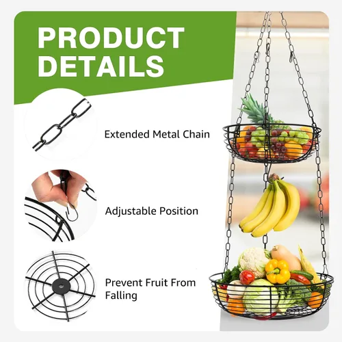Miniatura 5 de HULISEN Cesta de frutas colgante de 3 niveles con gancho para plátano, cestas colgantes de alambre resistentes de 36 pulgadas para almacenamiento