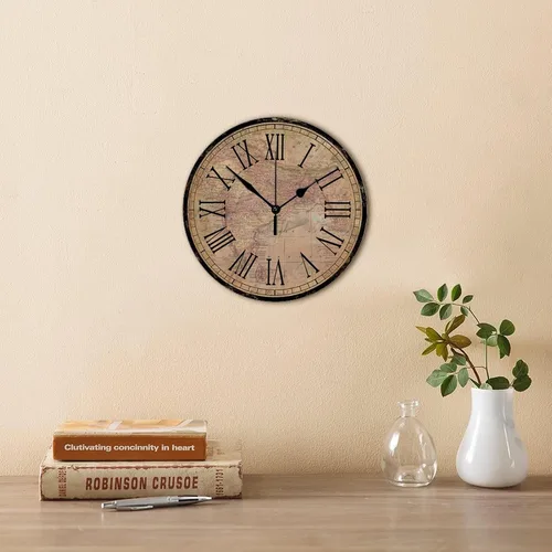 Miniatura 4 de Reloj de pared redondo de madera, estilo vintage, mapa del viejo mundo, movimiento de barrido, reloj de pared silencioso, estilo campestre, reloj
