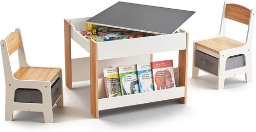 LuxenHome - Juego de mesa y sillas para niños pequeños con mesa reversible, juego de mesa de actividades multifuncional para niños y sillas con