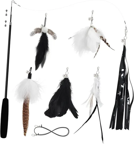 SONGWAY Juguetes de varita para gatos de interior, juego de juguetes para gatos con varita retráctil y 6 recambios de juguetes de plumas, juguetes