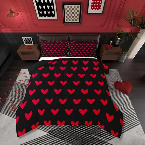 Miniatura 12 de Juego de edredón de San Valentín para parejas, juegos de ropa de cama rojo y blanco para niños, niñas, adolescentes, con texto en inglés "I Love
