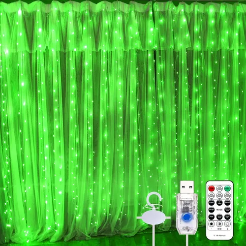 Miniatura 10 de Luz de cortina blanca cálida para dormitorio, 300 LED, 3m x 3m, luz de cadena de hadas para ventana con 16 ganchos, 8 modelos, control remoto