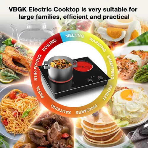 Miniatura 6 de VBGK - Estufa eléctrica de 2 quemadores, 2100W, para integrar en encimera y sobremesa, estufa eléctrica con 10 niveles de calefacción, temporizador
