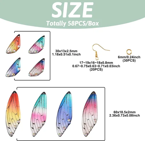 Miniatura 4 de FASHEWELRY 16 aretes de resina con alas de libélula y arco iris, mariposa, colgantes, alas de hada, coloridos dijes con ganchos para aretes, anillos