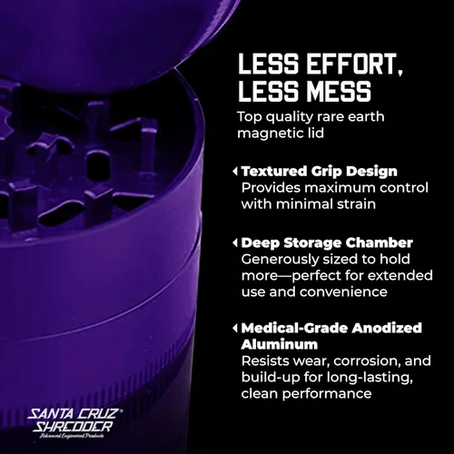 Miniatura 4 de Santa Cruz Shredder Molinillo de hierbas de metal con parte superior moleteada para un agarre más fuerte, 3 piezas, grande de 2.7 pulgadas (morado)