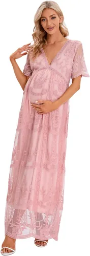 Miniatura 3 de ZIUMUDY Vestido de novia de maternidad con cuello en V y encaje floral de manga corta para sesión de fotos, baby shower