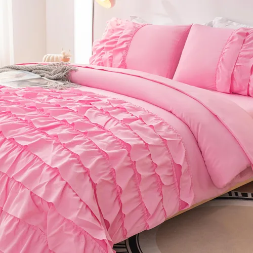 Miniatura 7 de Juego de edredón rosa individual, ropa de cama de 5 piezas en una bolsa individual para niñas adolescentes, juego de ropa de cama con volantes rosas