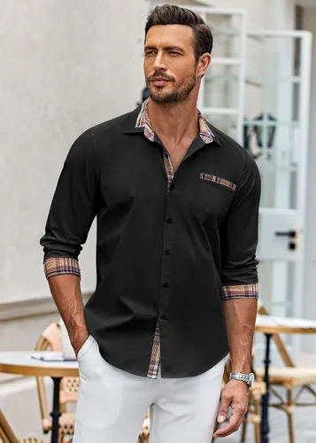 Miniatura 2 de COOFANDY - Camisa de vestir de algodón con mangas largas, botones y cuello a cuadros, de estilo casual, para hombres