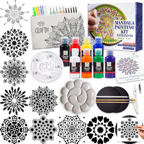 Kit completo de 46 piezas de pintura de mandala para principiantes con pinturas acrílicas, plantillas reutilizables y herramientas de puntos.