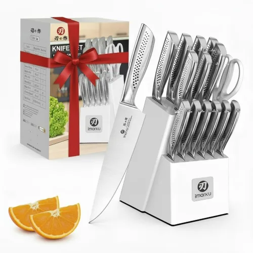 imarku - Juego de 15 piezas de cuchillos con bloque, cuchillos de cocina de acero inoxidable de alto carbono con afilador incorporado, apto para