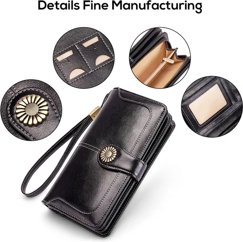 Miniatura 6 de INSIFEEL Billetera pequeña para mujer, bolso compacto de cuero con bloqueo RFID RFID para mujer, Negro, Retro