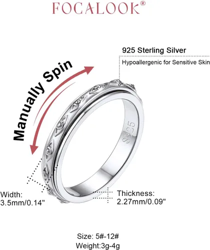 Miniatura 5 de FOCALOOK Anillo giratorio de plata de ley 925 para la ansiedad para mujeres en relieve, mal de ojo/celta, anti estrés, anillo giratorio tamaño 5-12
