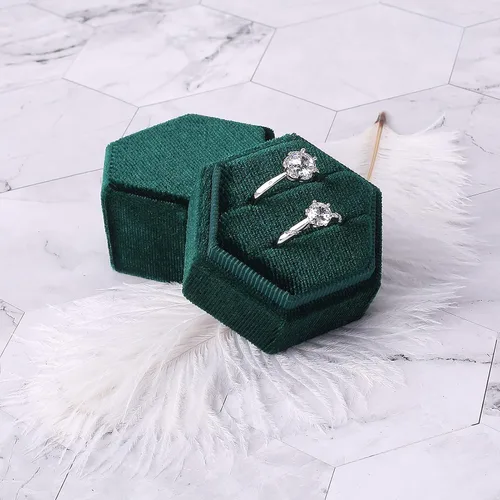 Miniatura 2 de Smileshe Caja para anillos, cajas de joyería de terciopelo para propuesta, compromiso, ceremonia de boda, caja hexagonal con ranura de doble anillo