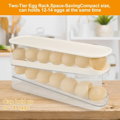 Miniatura 4 de Dispensador automático de huevos enrollable para organizador de refrigerador con tapa, 12 unidades de doble capa para almacenamiento de huevos