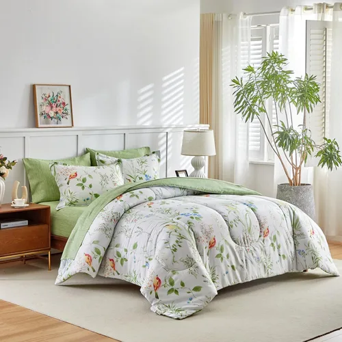 Miniatura 2 de Joyreap - Juego de ropa de cama tamaño Queen en una bolsa, 7 piezas, juego de edredón floral, hojas verdes y pájaros coloridos sobre diseño blanco