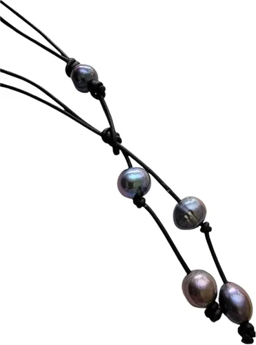 Miniatura 2 de Collar en Y de perlas negras de cuero negro, 20 pulgadas de largo por encima de la borla