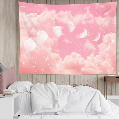 Miniatura 2 de LB Tapiz de fase lunar de nube rosa, nube pastel rosa y blanca con fase lunar para dormitorio, tapiz colgante de pared de paisaje natural, arte