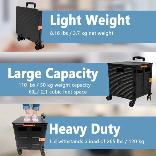 Miniatura 2 de Carrito de Utilidad Plegable Carrito de Mano Portátil con Caja de Ruedas Plegable con Tapa Resistente al Desgaste Silencioso Rueda Giratoria de 360°
