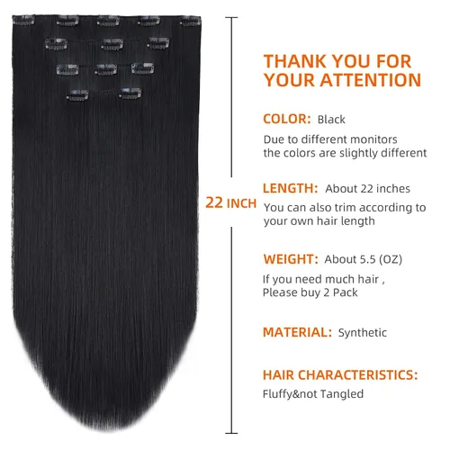 Miniatura 2 de Extensión de cabello negro oscuro, extensiones de cabello con clip, de 18 pulgadas, ondulado, sintético, 5.5 onzas, HSPCYGG de 22 pulgadas, cabello
