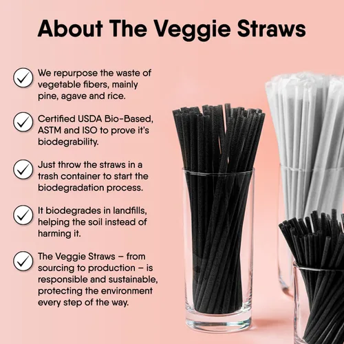 Miniatura 4 de The Veggie Straws 150 unidades de agitadores de bebidas biodegradables negros sin envolver de 4.75 pulgadas - Hecho de fibras vegetales, los mejores
