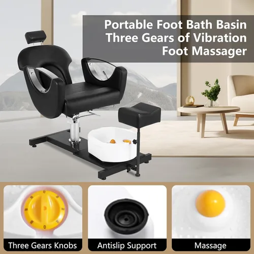 Miniatura 6 de Silla de pedicura giratoria de 360° con taburete y baño de pies de masaje, estación de pedicura hidráulica de altura ajustable sin plomería