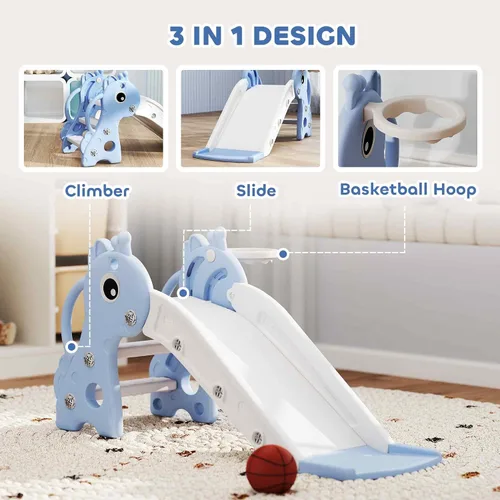 Miniatura 3 de Qaba Tobogán para niños pequeños con escalador, aro de básquetbol y pelota, tobogán para interiores con diseño de jirafa, equipo de juego Azul