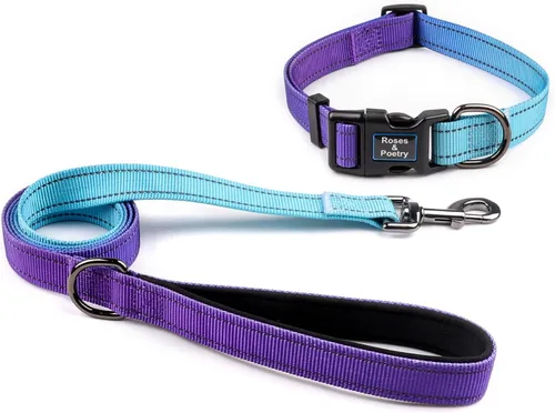 Miniatura 10 de Roses&Poetry Juego de collar y correa reflectante para perro, collar y correa de perro martingala morado para perros medianos, collares ajustables