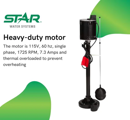 Miniatura 5 de Star 5CHD ½ HP Bomba de sumidero de pedestal de hierro fundido con interruptor de varilla flotante de encendido/apagado ajustable, bomba de columna