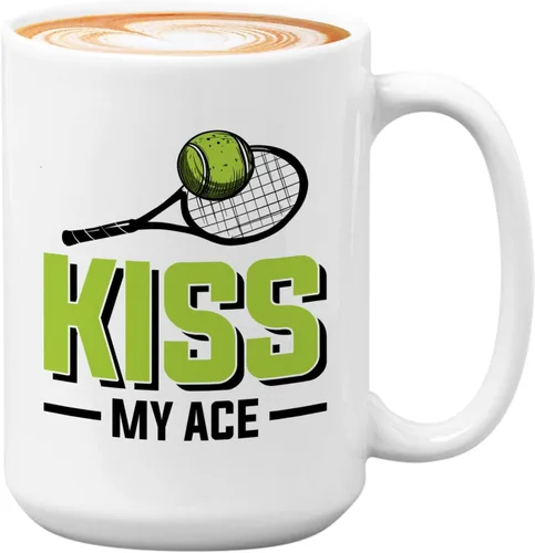 Taza de café de tenis de 15 onzas, color blanco, Kiss My Ace, jugador de tenis, atleta, afición, divertido juego de palabras, sarcasmo, broma,