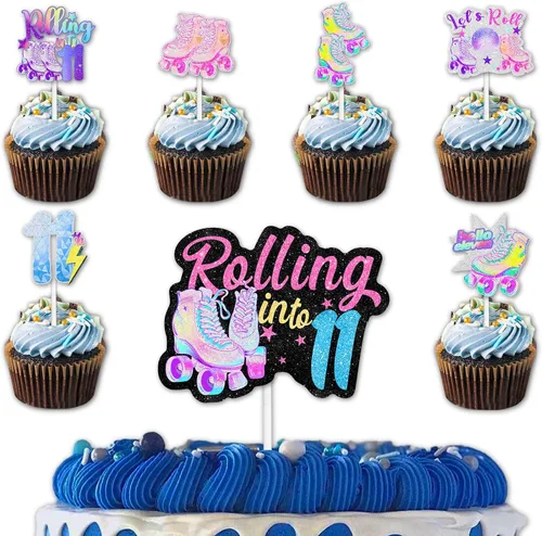 18 patines con purpurina, 12 piezas de decoración de cupcakes, 1 selección de decoración de pastel para 80 y 90, estilo retro, hip hop, patinaje