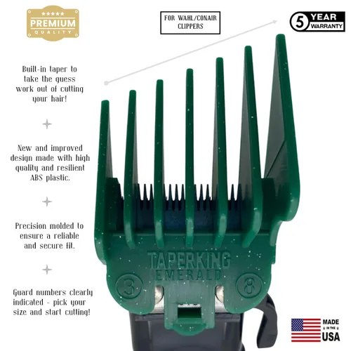 Miniatura 3 de Peines guía de alta calidad – ¡Conictivos y desvanecimientos a prueba de tontos en casa! Esmeralda (#3 a #8) – Compatible con Wahl/Conair Clippers