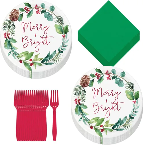 Miniatura 13 de Suministros para fiestas navideñas - Platos de postre de papel, servilletas para bebidas y tenedores de aldea navideña de invierno (para 16 personas)