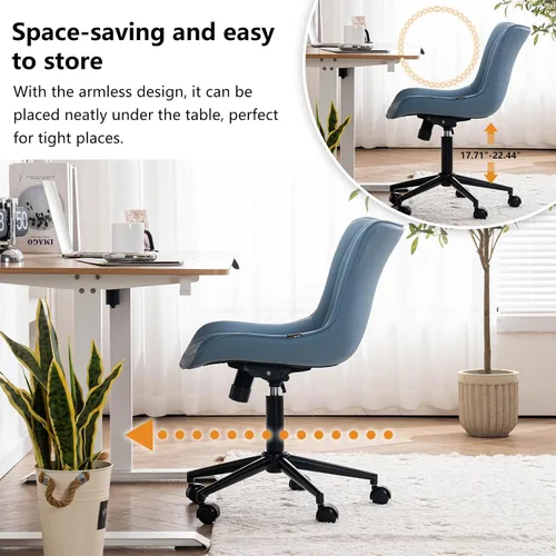 Miniatura 5 de YOUNIKE Silla de escritorio azul para oficina en casa con ruedas, silla cómoda sin brazos con respaldo, silla moderna pequeña de cuero tapizado