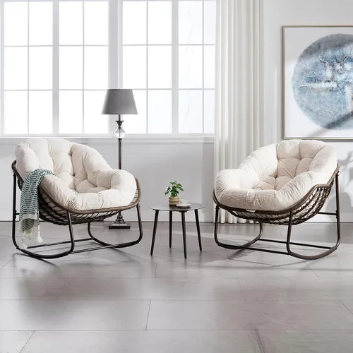 Miniatura 14 de Mecedora para patio al aire libre, cómoda silla mecedora de mimbre con cojín acolchado, silla de ratán de gran tamaño con marco de acero sólido