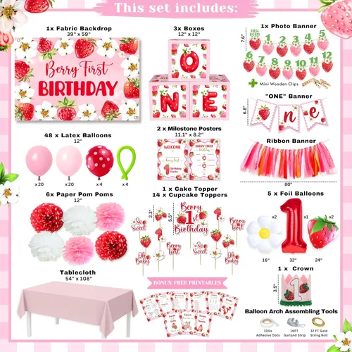 Miniatura 4 de RainMeadow Juego de decoraciones de primer cumpleaños de bayas de alta calidad, decoraciones de primer cumpleaños de fresa para niña con pancarta
